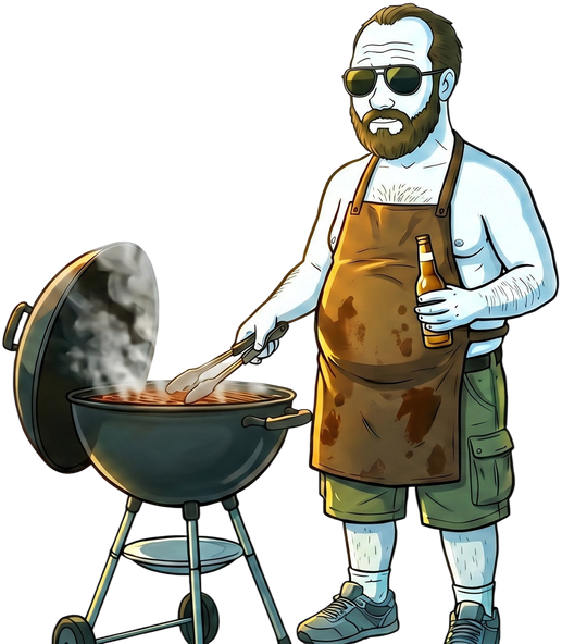 A dad in a BBQ apron with sunglasses tending the grill