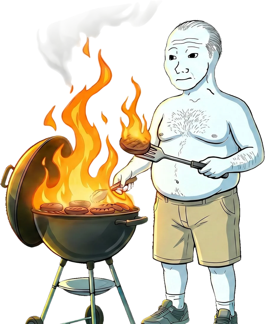 A shirtless wojak dad in shorts grilling burgers on a kettle BBQ
