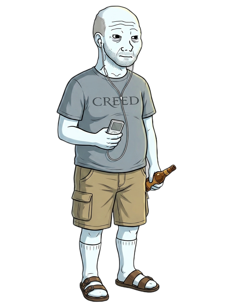 A divorced dad wojak in a Creed shirt, holding a beer and an iPod