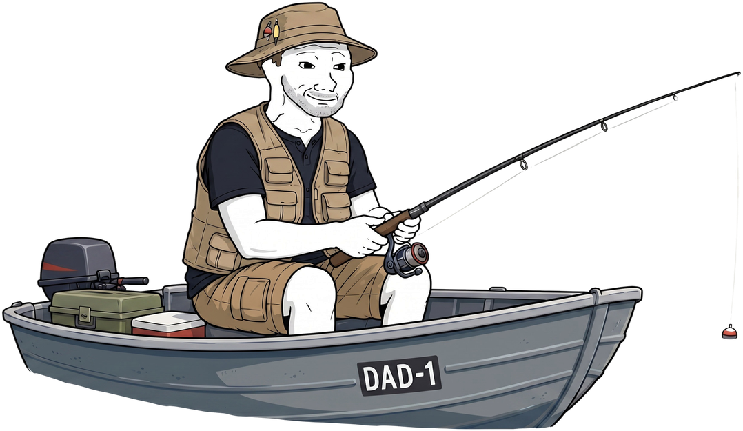A dad in a fishing vest sitting in a boat called DAD-1